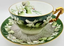 Antique T&V Limoges France Hand Painted White Violets Breakfast Tea Cup & Saucer