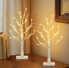  2 Pcs Lighted Birch Tree Battery Powered Tabletop Tree White Birch Tree -2