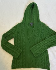 Vintage Ralph Lauren Cable Knit Hooded Sweater Green Women's Chunky Fisherman M