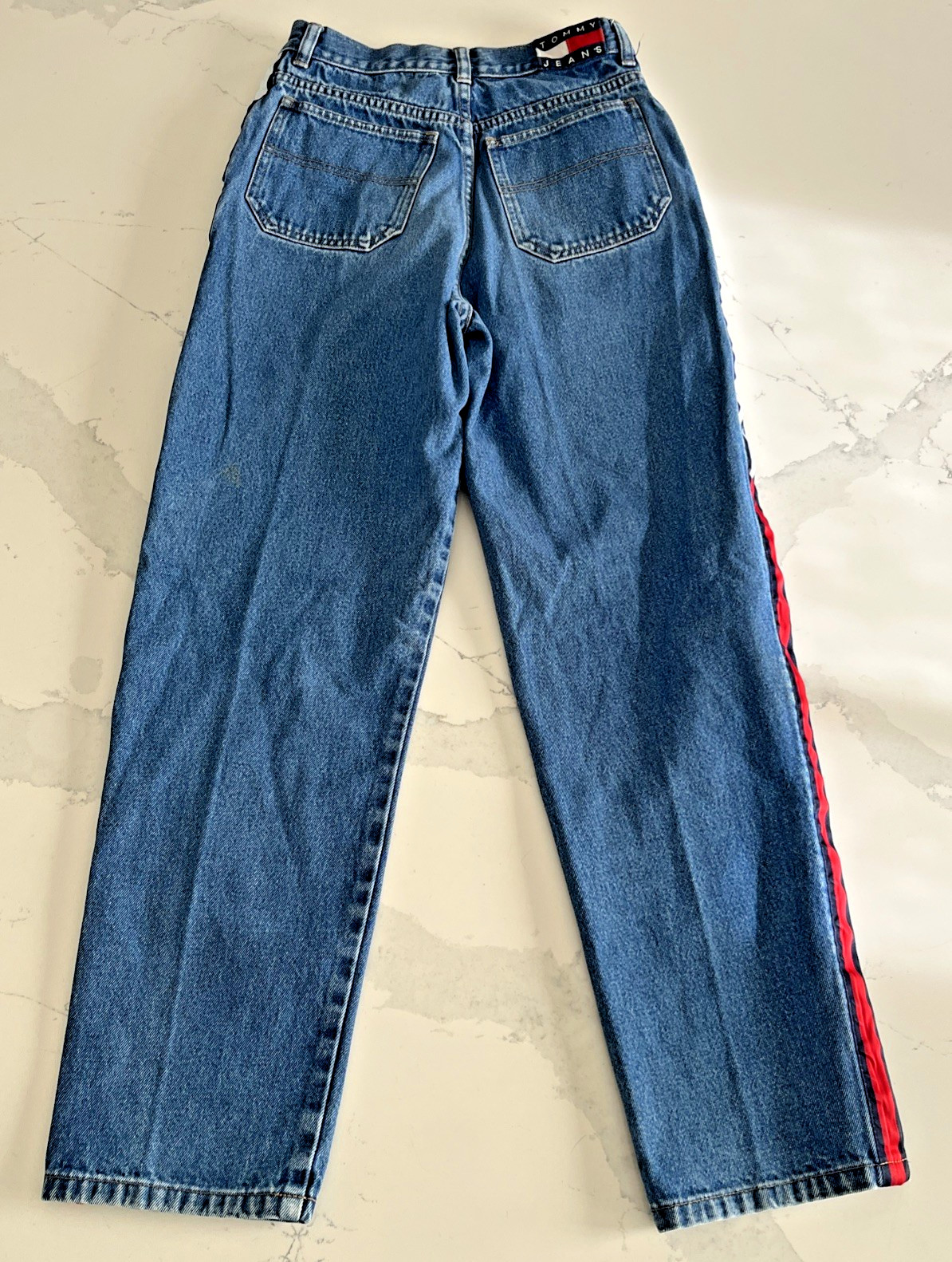 VTG Tommy Hilfiger Jeans 14 Tall 26x28 Blue Denim Side Stripe 90s Y2K image 3
