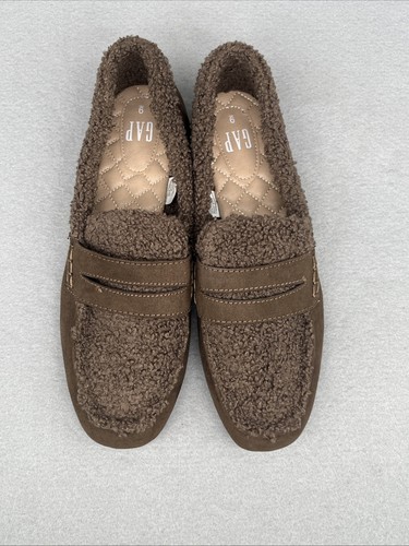 Women's Gap Woodsy Brown Sherpa Suede Slip Loafers Shoes Size 9 Cozy - Picture 9 of 14