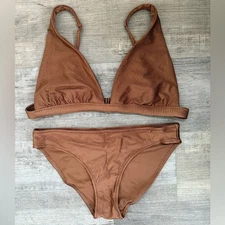 Aerie Women’s Sz M / L Brown Ribbed Bikini Swim Set Triangle Top Bottoms