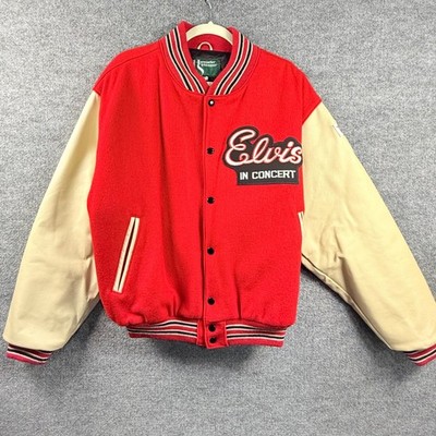Vintage Elvis In Concert Large Varsity Jacket Red Wool Leather TCB Made in USA