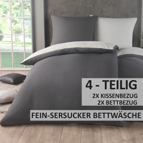 4-teilig Uni fein Seersucker Wende Bettwäsche 135x200 cm Bettbezug Kissenbezug - Bild 23 von 57