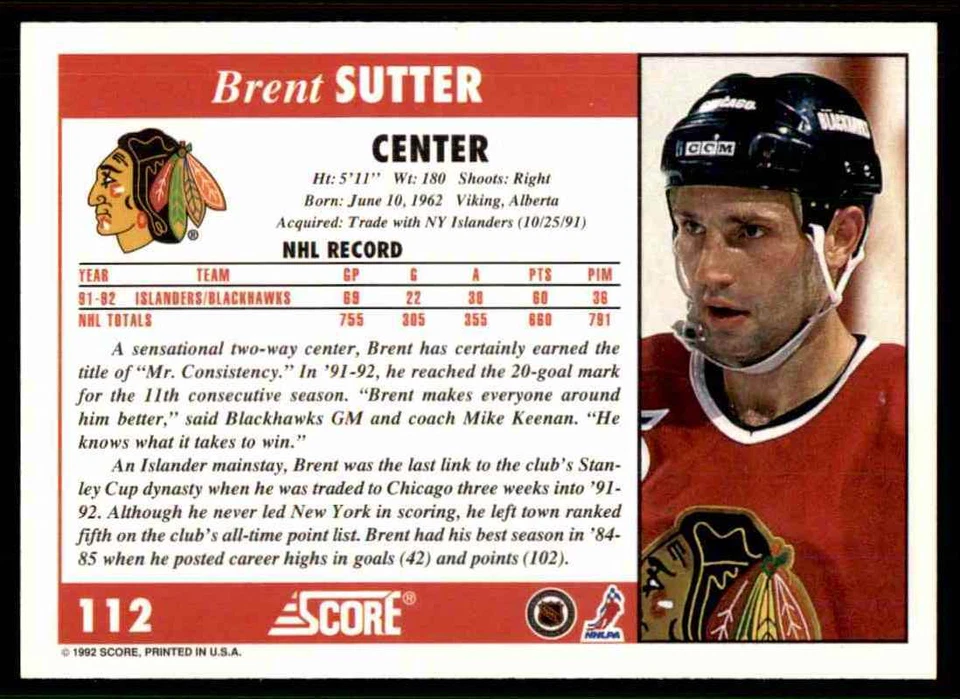 1992-93 Score Brent Sutter #112 - Image 2 of 2