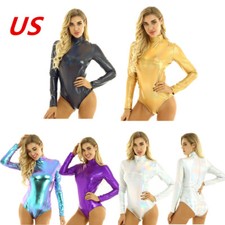 Womens Ladies One Piece Leotard Bodysuit Long Sleeve Shiny Metallic Dancewear