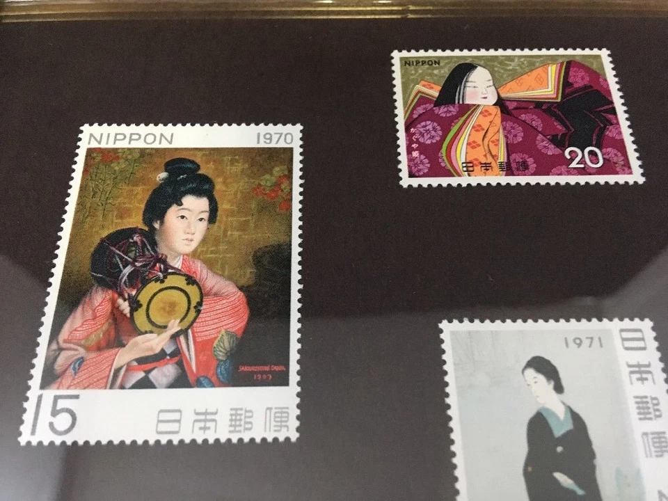 Conjunto de estampillas japonesas enmarcadas años 70 doncellas arte geisha símbolos nacionales cuentos de hadas Foto 4 de 4