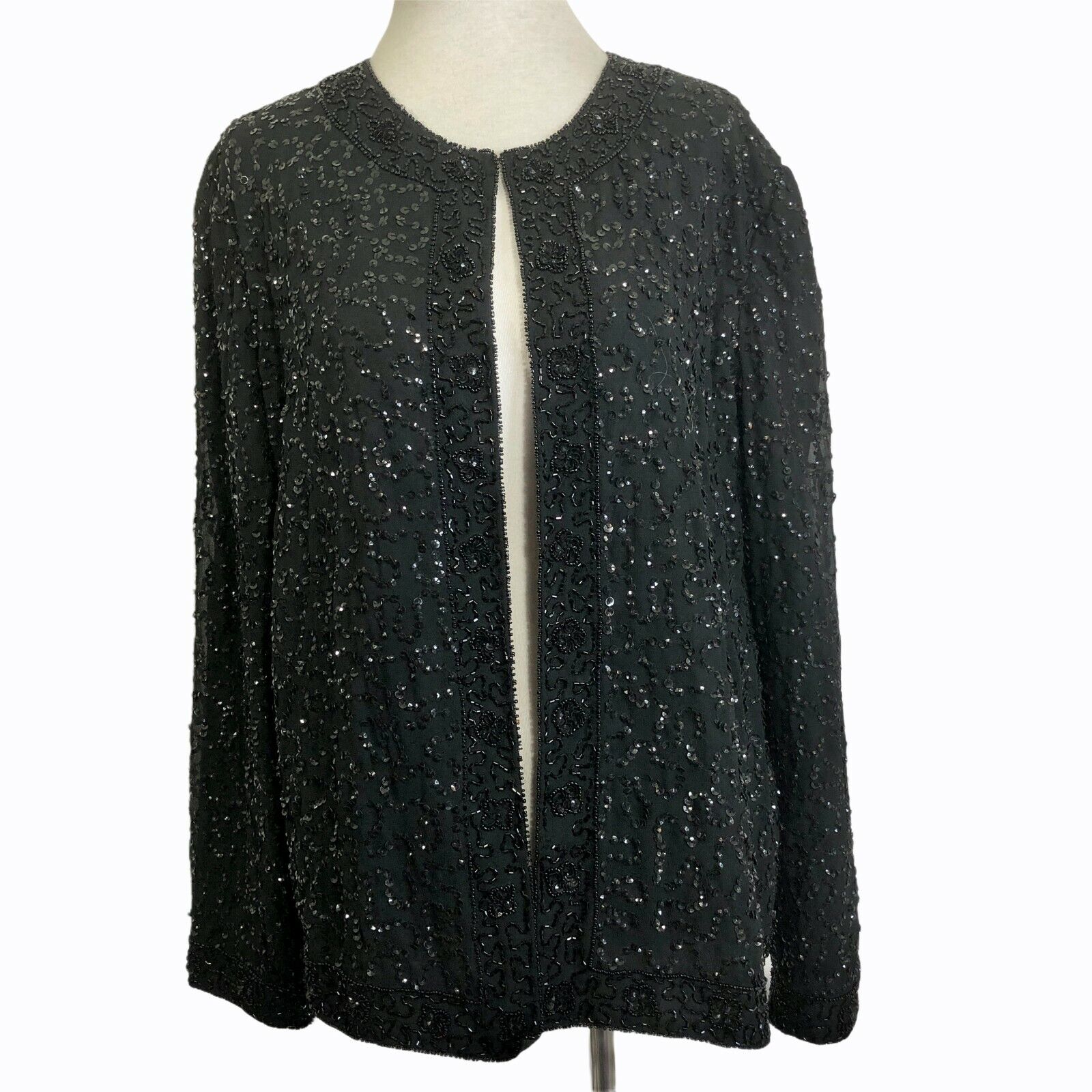 Vintage JMD Beaded Jacket Womens L Black Sequin Special Occasion