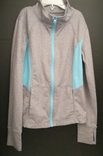 Z BY ZELLA GIRL SIZE S/P  7/8  FULL ZIP UP GRAY AND AQUA BLUE LIGHT TOP JACKET