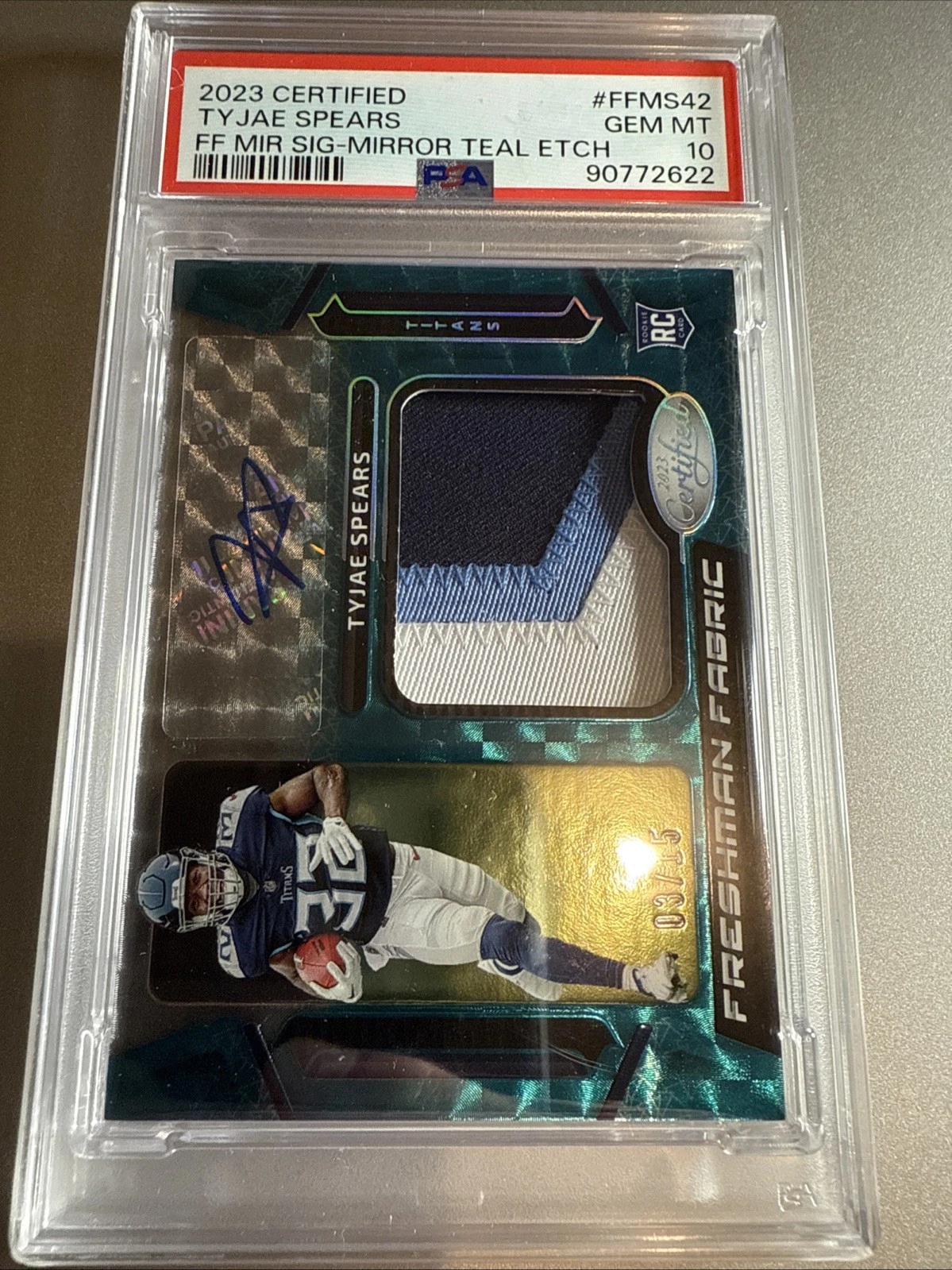 Tyjae Spears Panini Certified Freshman Fabric Mirror Signature #FFMS42 Mirror Teal Etch