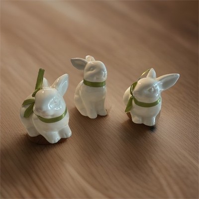 Ceramic Rabbit Figurines Set of 3 White with Green Ribbon Easter Decor   3 x 3