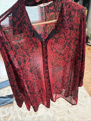 ALIA Womens 16W Red & Black Floral Semi-sheer Blouse