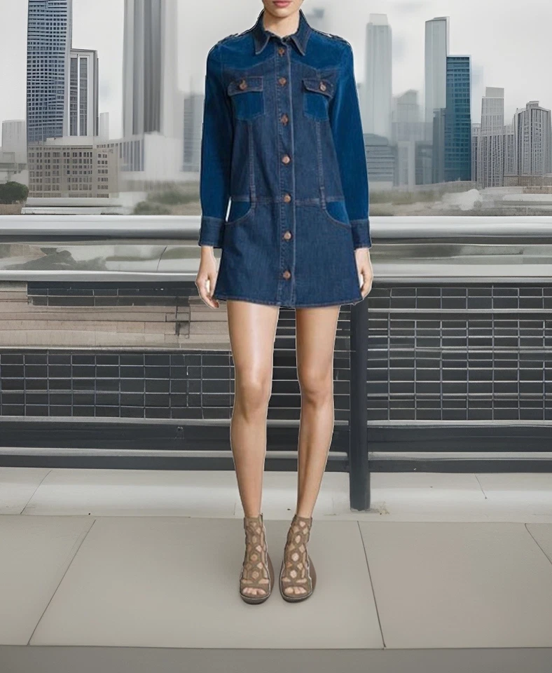 Mini Camisa Vestido See By Chloe Italia Retro Azul Denim Terciopelo ALine Botón 40 $425 Foto 3 de 4