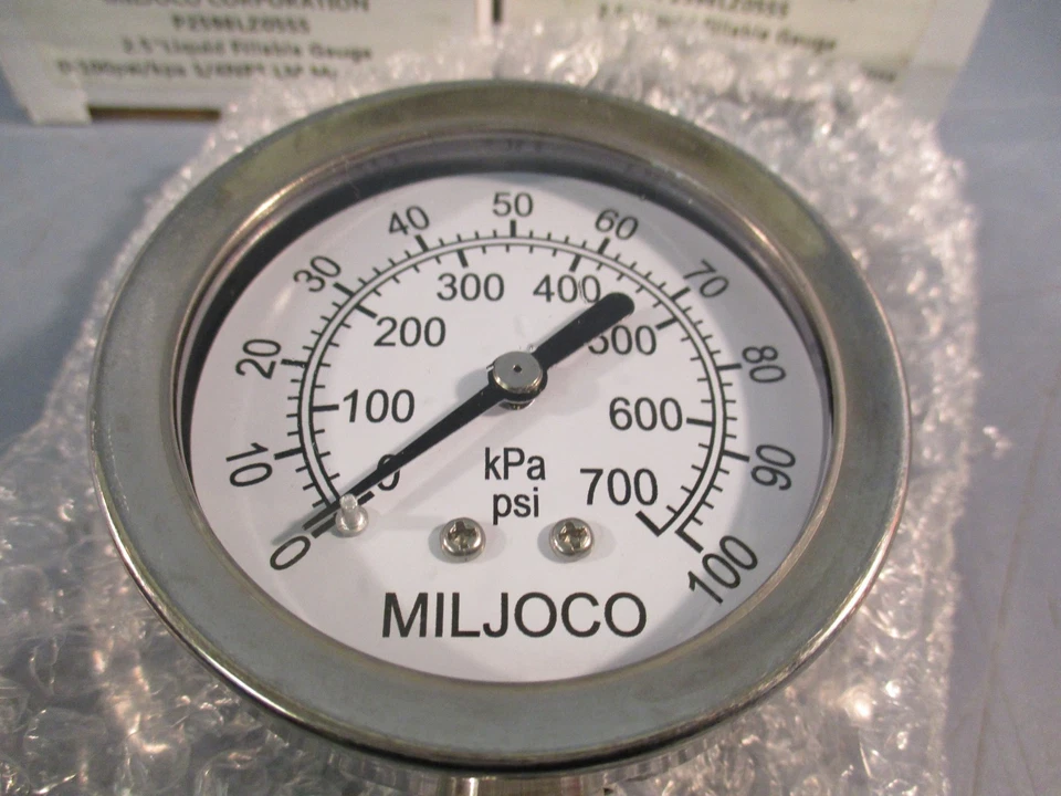 Lot of (2) Miljoco 2.5" Liquid Fillable Gauge P2598LZ05SS 0-100psi/kpa 1/4NPT LM - Image 2 of 4