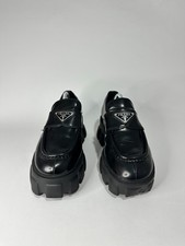 PRADA Spazzolato Rois Metal Triangle Logo Monolith 55mm Loafers Size 37 EU/ 7 US