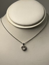14K White Gold Cable Link Chain Heart Pendant Natural Diamonds, 16