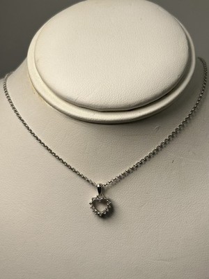 14K White Gold Cable Link Chain & Heart Pendant & Natural Diamonds, 16 