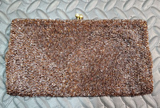 Vintage 1950s Belgium Hand Beaded Clutch Purse Copper Bronze Glass Seed Beads