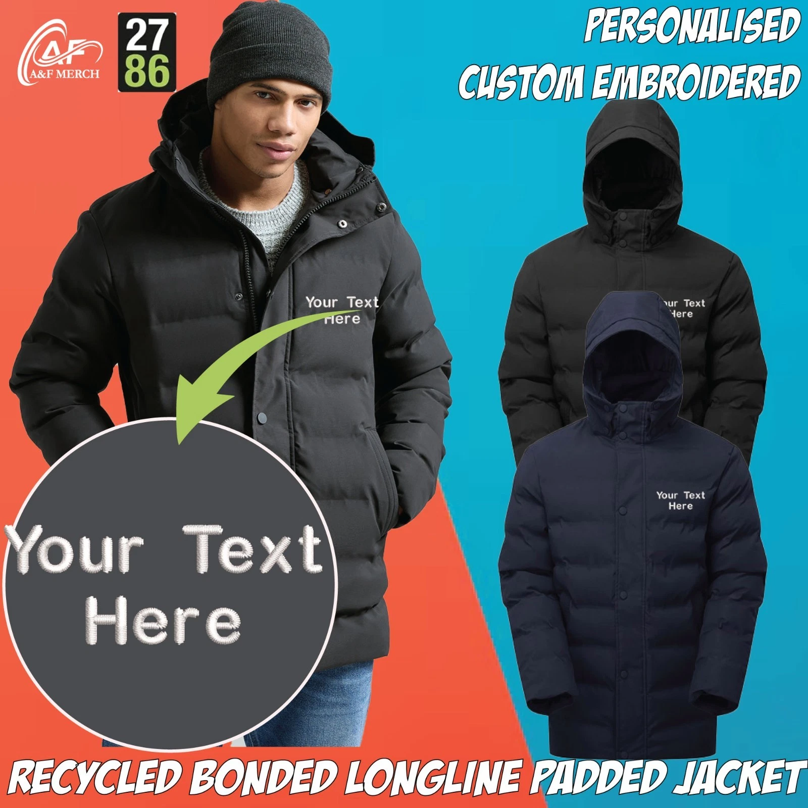 Personalised Embroidered Recycled Bonded Longline Padded Jacket TS008