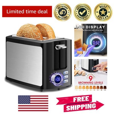 Elegant Black 2 Slice Digital Toaster with Countdown Timer & Adjustable Browning