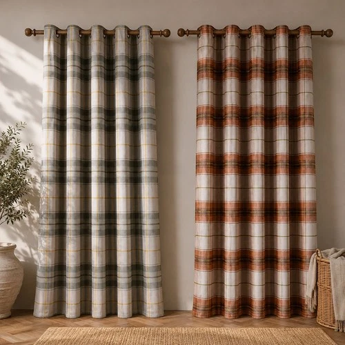 Brushed Woven Glencoe Check Thermal Eyelet Door Panel Curtain