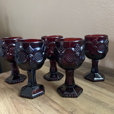 Avon 1876 Cape Cod Ruby Red Glass Footed Wine Goblets 5 1/2 inch Tall, Set of 5
