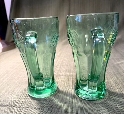2 Vintage Green Large Coca-Cola (Coke) Thick Glass Glasses Mugs with Handles - Picture 2 of 7