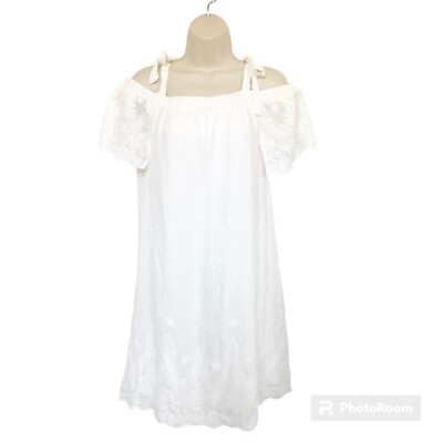 NWT Blue Rain M White Eyelet Dress Lined Off Shoulder Ties Peasant Festival