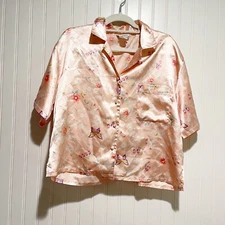 Vintage Kathryn Pink Floral Butterfly Satin Pajamas Size Large