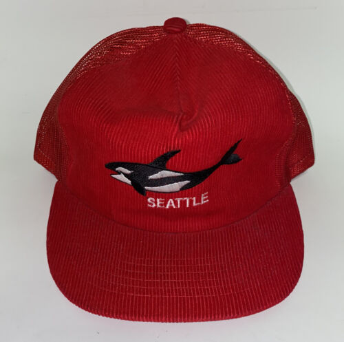 Vtg Orca Czerwony sztruks Seattle Snapback Regulowany kapelusz - Zdjęcie 1 z 5