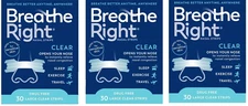 90 BREATHE RIGHT NASAL STRIPS LARGE CLEAR FOR SENSITIVE SKIN ( 3 X 30 CT BOXES )