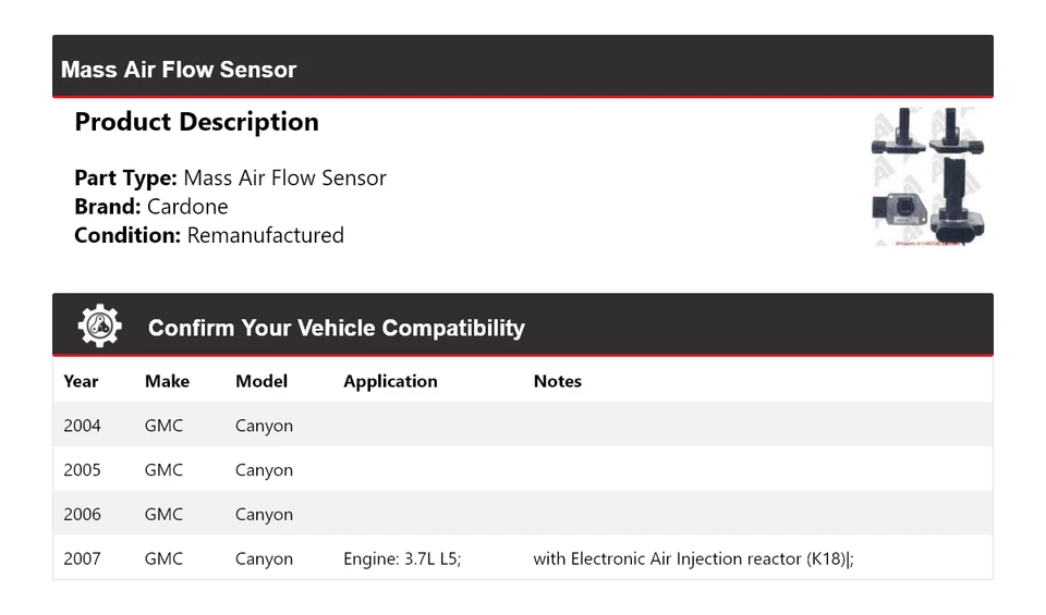 Sensor de flujo de aire masivo Cardone 2005 2006 para GMC Canyon 2004-2007 Foto 2 de 4