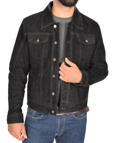 Mens Soft Suede Trucker Jacket Fitted Biker Denim Style Black Burgundy Olive Tan - Picture 2 of 39