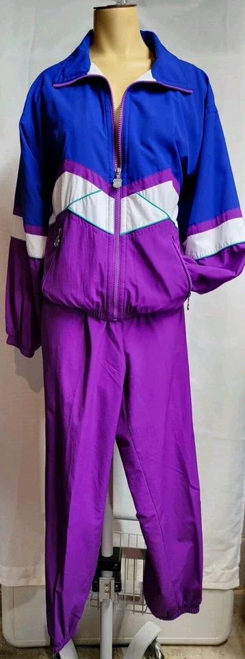 Traje de chándal vintage años 80 Kaelin 2 piezas chaqueta y pantalón traje talla pequeña púrpura azul Foto 2 de 4