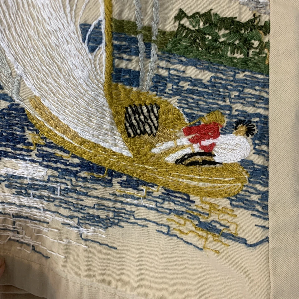 Saia curta vintage pomba de malha tamanho XS bordada rara cena de praia verde bronzeado - Imagem 4 de 4