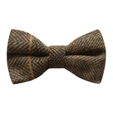 Luxury Dark Olive Green Herringbone Check Bow Tie, Tweed