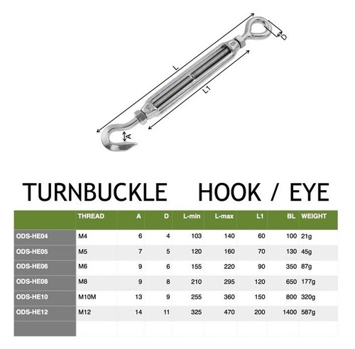 M8 8mm Hook Eye Economy Turnbuckle G316 Stainless Steel - Breaking Load Tested - Picture 2 of 3