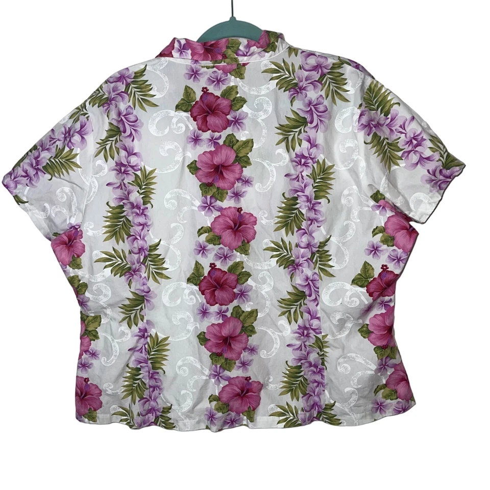 Camisa Ho Aloha Feminina Vintage Tamanho XXL Branca Havaiana Floral Algodão Puro Retrô - Imagem 2 de 4