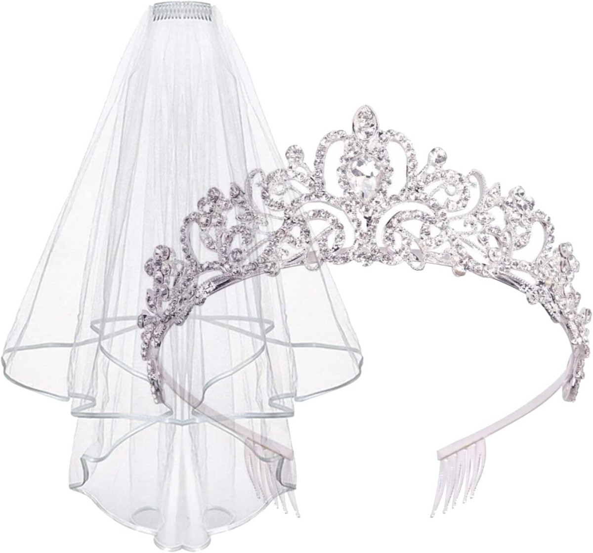 2pc tiara and diamond veil wedding set Perfect Bridal Ivory Two Tier Heavily Embellished Short  main image 2