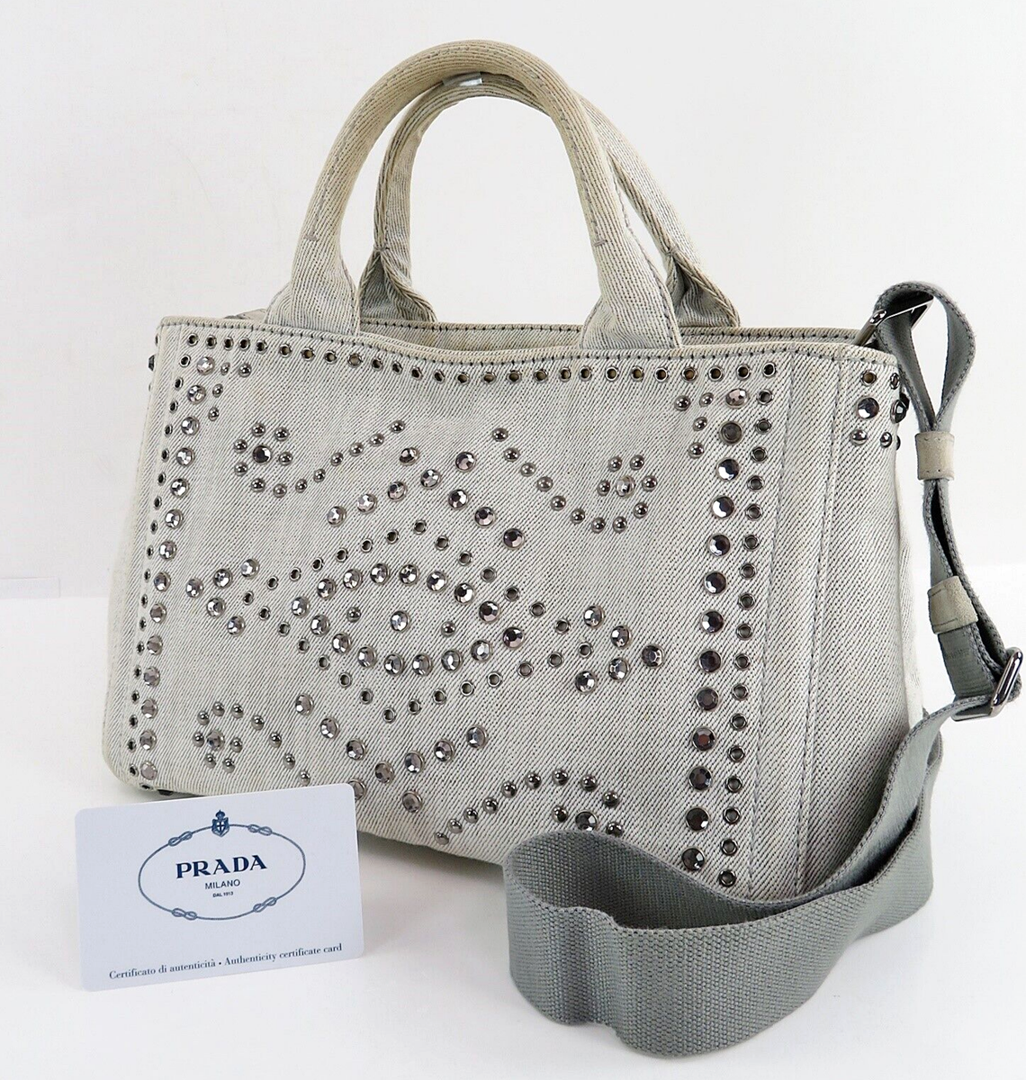 Auth PRADA Canapa White Shade Denim Shopping 2 Way Shoulder Bag