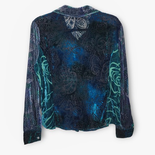 Coldwater Creek Velvet Burnout Button Front Shirt L Blue Green Fairy Whimsigoth - Picture 4 of 5