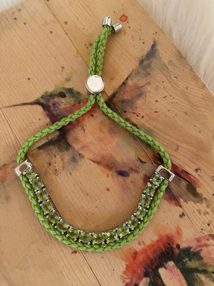 Faceted Peridot Stone 925 Sterling Silver Bolo Slide Tennis Bracelet Woven Cord - Image 2 of 4