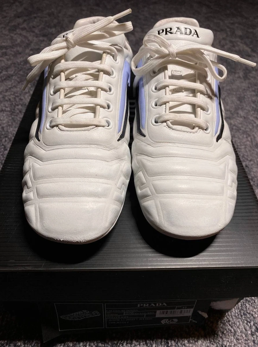 Prada Vitello Soft Leather Sneakers White Blue EU 37 1E505M Receipt Included