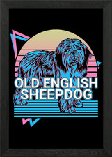 Old English Sheepdog Retro Framed Wall Art Poster Canvas Print Picture