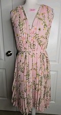 MAX STUDIO LONDON Pleated Swing Dress Sleeveless V-neck Pink Floral Size Medium