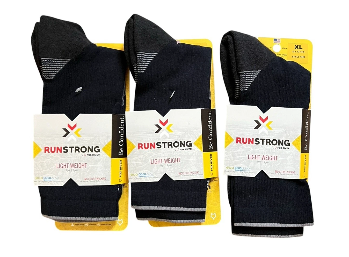 Lot Of 3 FoxRiver Mens Run Arid Lightweight Crew Socks, XL, Black New