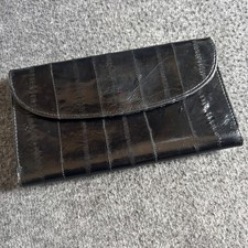 Vtg EEL Skin Wallet Womens Black Checkbook Cards Cash Coins Trifold Snap Zip 7x4
