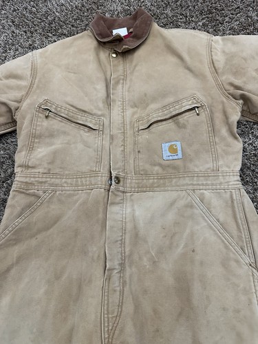 Carhartt Quilt Red Lined Duck Canvas Coveralls Brown MADE IN USA Mens Size 38 - Picture 6 of 11