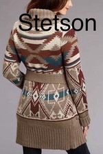 Stetson Southwestern Aztec Brown Long Knit Cardigan Sweater Button Up Sz XS