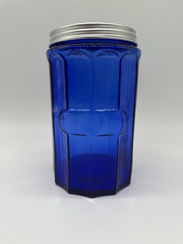 Cobalt Blue Glass Jar With Metal Lid 12 Paneled Canister Jar Hoosier 7”X4” - Picture 6 of 14